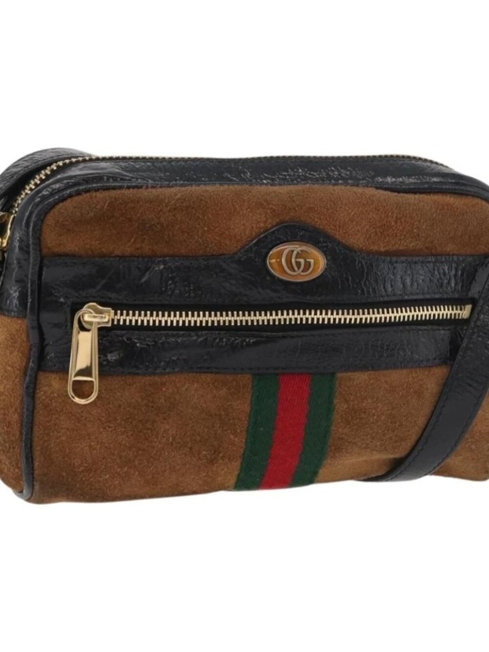 GUCCI Web Sherry Line Shoulder Bag Suede Brown Gold 573321 Auth 181861